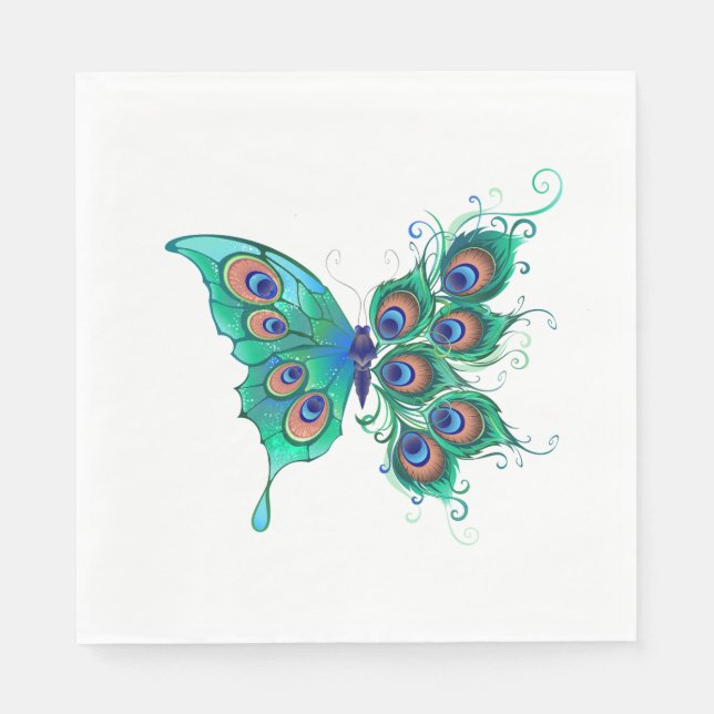 Serviette En Papier Papillon aux plumes de paon vert (Devant)