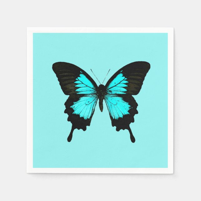 Serviette En Papier Papillon - bleu turquoise et noir (Devant)