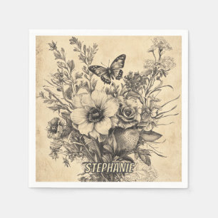 Serviette En Papier Papillon botanique antique Herbier Sépia