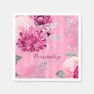 Serviette En Papier Papillon de Parties scintillant en argent Roses ro