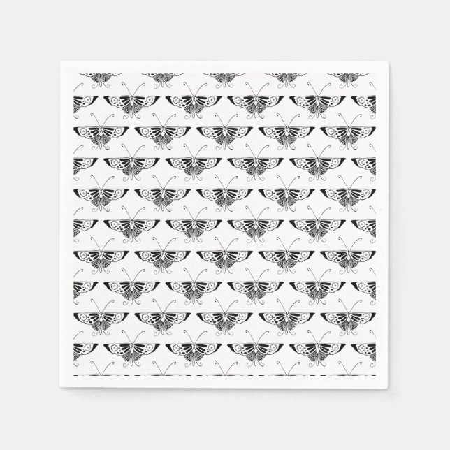 Serviette En Papier Papillon déco stylisé - blanc et noir (Devant)