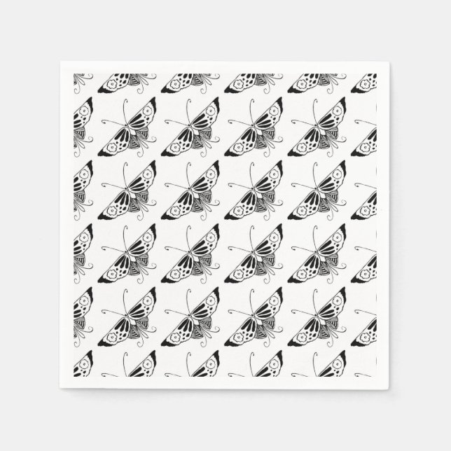 Serviette En Papier Papillon déco stylisé - blanc et noir (Devant)