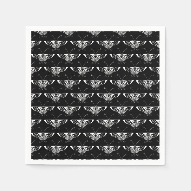 Serviette En Papier Papillon déco stylisé - noir et blanc (Devant)