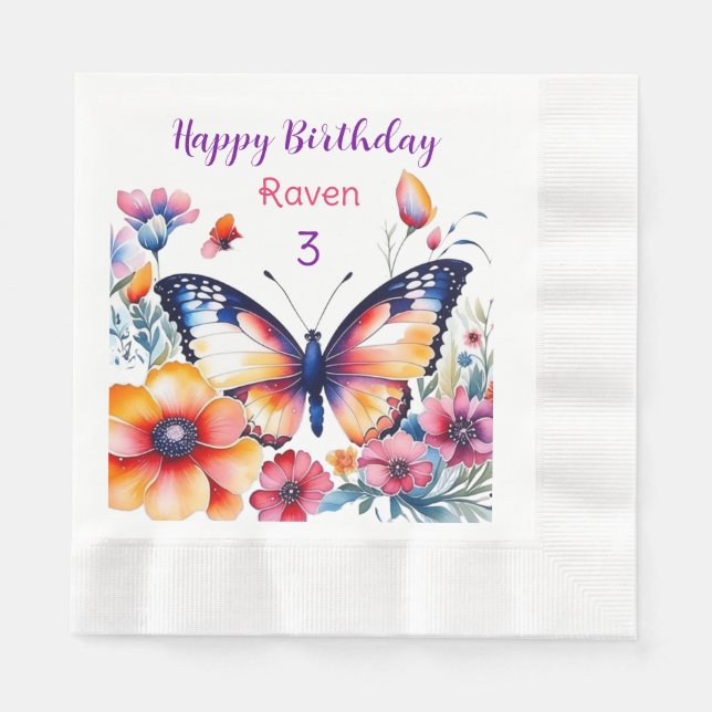 Serviette En Papier Papillon en fleurs Fête d'anniversaire de la fille (Devant)