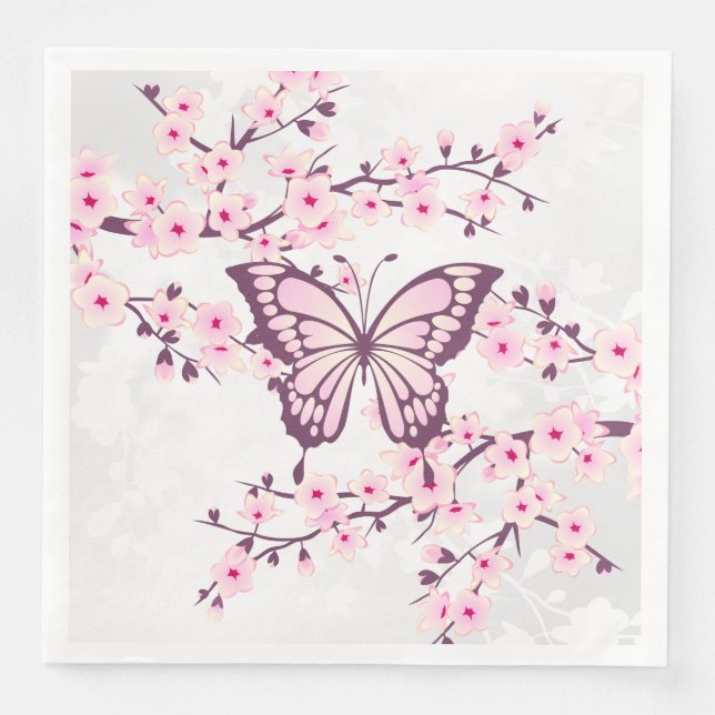 Serviette En Papier Papillon Et Fleur De Cerise Rose Blanc (Devant)