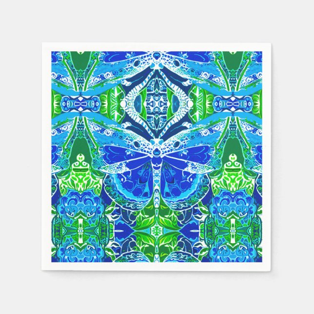 Serviette En Papier Papillon et Médaillon Motif en bleu (Devant)