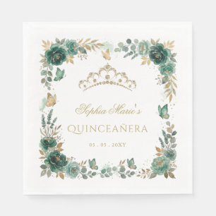 Serviette En Papier Papillon Floral Couronne Émeraude Or Quinceañera