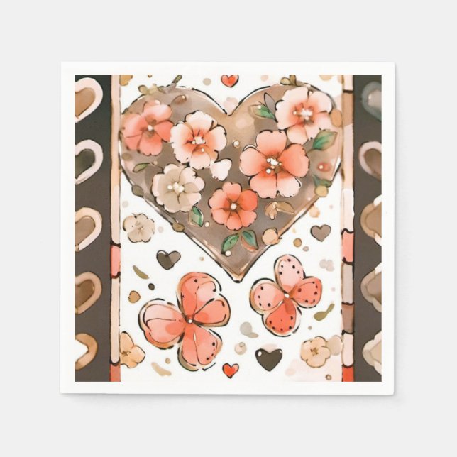 Serviette En Papier Papillon floral rouge et Brown (Devant)