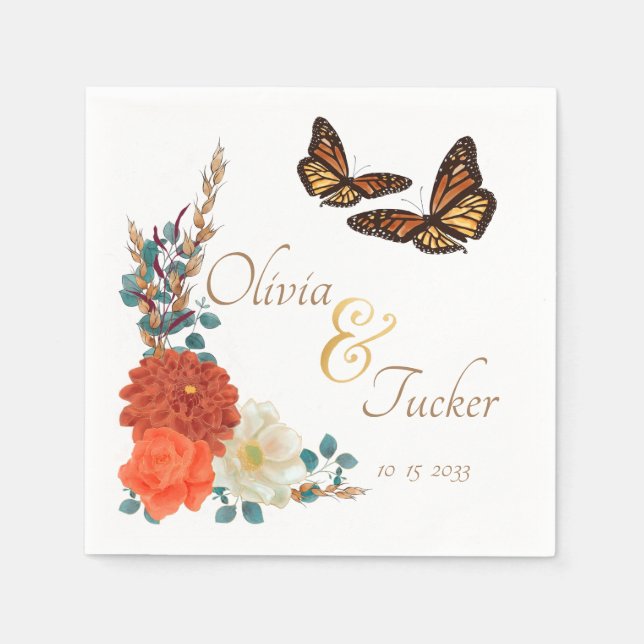 Serviette En Papier Papillon Monarque automne ivoire floral Personnali (Devant)