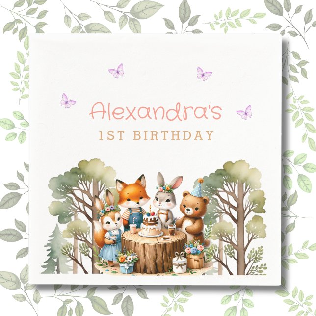 Serviette En Papier Papillon rose Bois Animaux Fille 1er anniversaire (Créateur téléchargé)