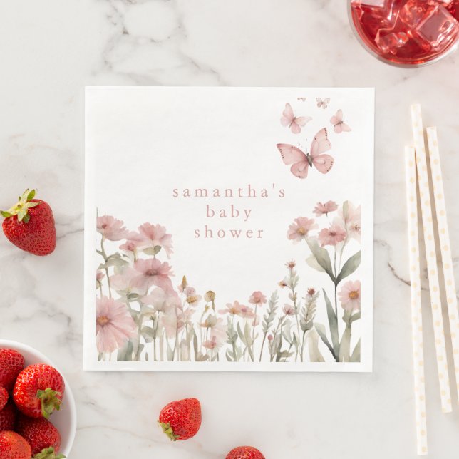 Serviette En Papier Papillon rose floral fleur sauvage baby shower fil (En situation)