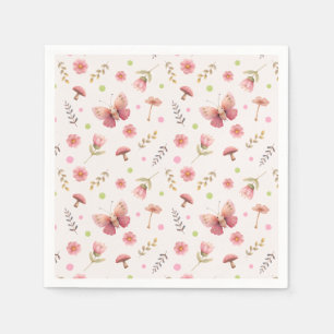 Serviette En Papier Papillon Rose Pâle et Fleurs Botaniques en Fleurs