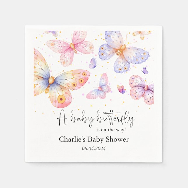 Serviette En Papier Papillon rose violet Baby shower fille (Devant)