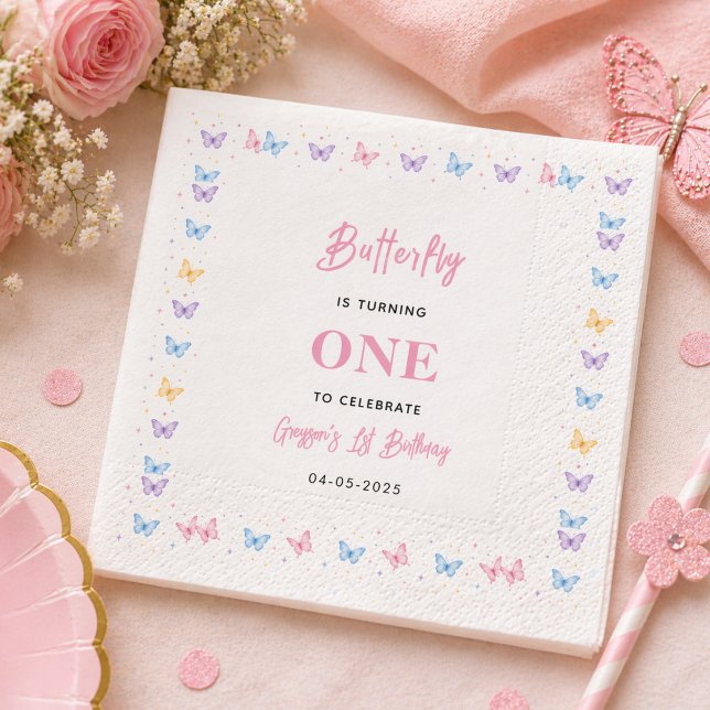 Serviette En Papier Papillon Rose Violet Mignon 1er Anniversaire pour  (Cute Pink Purple Butterfly 1st Birthday for Girls Napkins
)