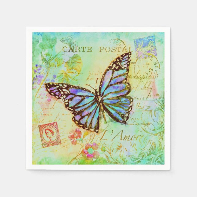 Serviette En Papier Papillon sarcelle et violet  (Devant)