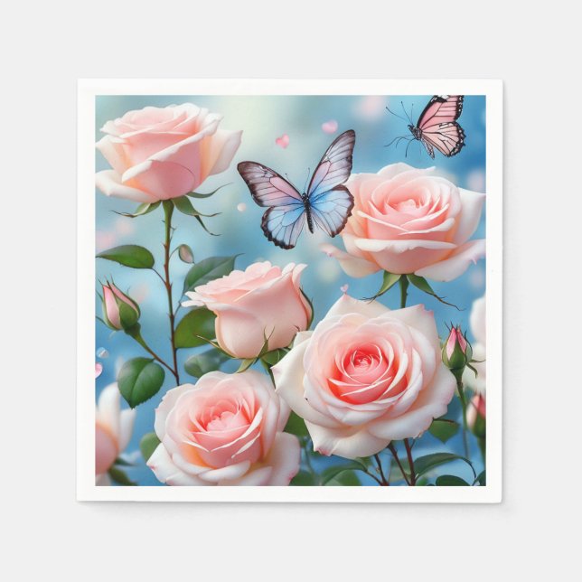 Serviette En Papier Papillon Sur Fleur Rose (Devant)