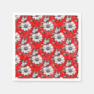Serviette En Papier Papillon sur Motif de fleurs Design rouge