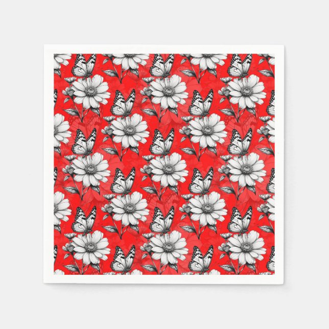 Serviette En Papier Papillon sur Motif de fleurs Design rouge (Devant)