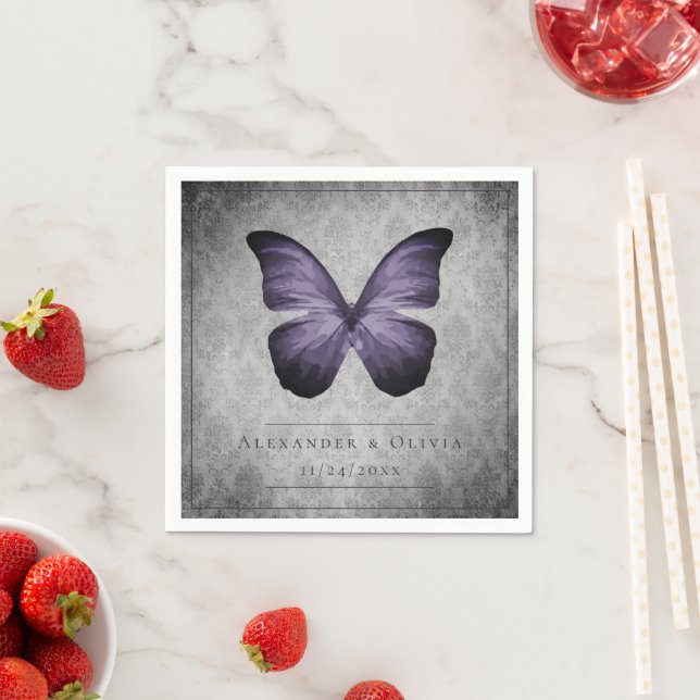 Serviette En Papier Papillon Vintage violet Mariage damassé (En situation)