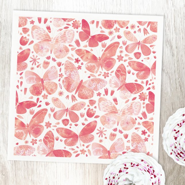 Serviette En Papier Papillons Aquarelle Corail rose (Blush pink watercolor butterfly paper napking)