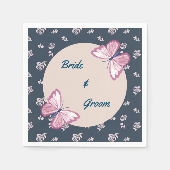 Serviette En Papier papillons bleu marine rose napkin floral (Devant)
