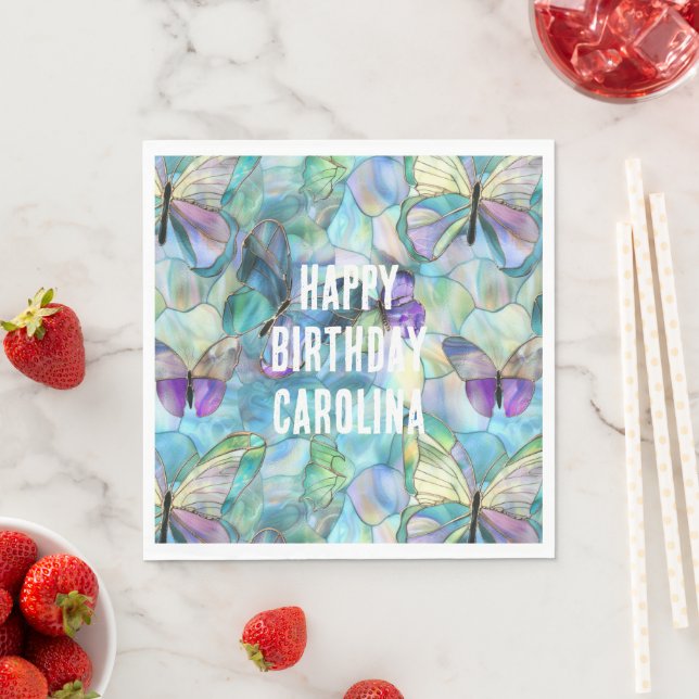 Serviette En Papier Papillons bleu pourpre turquoise (En situation)