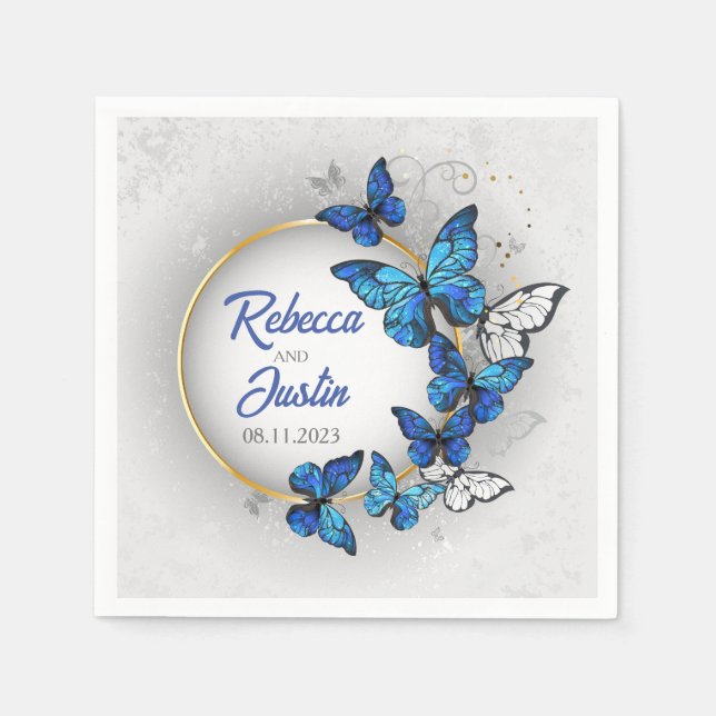 Serviette En Papier Papillons bleus et blancs Serviettes Boho modernes (Devant)