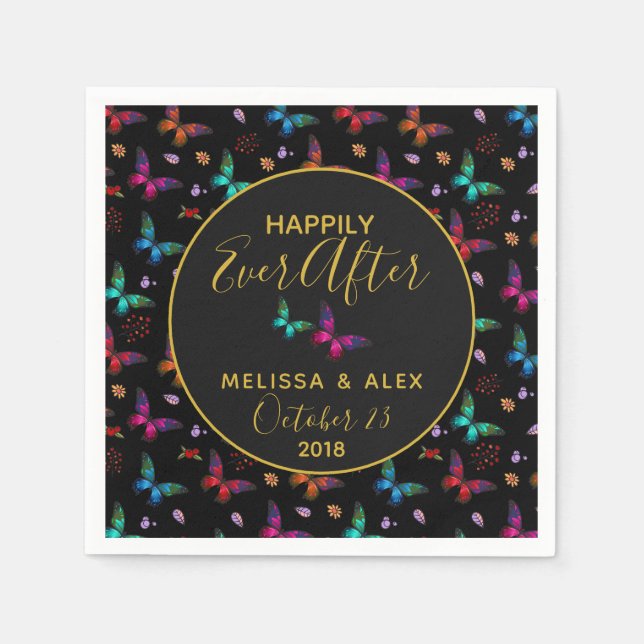 Serviette En Papier Papillons colorés chic sur Mariage noir (Devant)