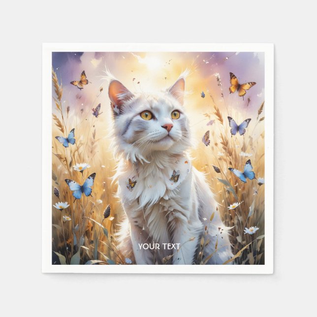 Serviette En Papier Papillons de chat blanc mignons de fantaisie (Devant)