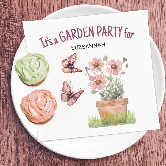 Serviette En Papier Papillons du jardin floral libellules Aquarelle (Keep or move text on this butterfly and flower fun summer vibe party napkin for any gathering.)
