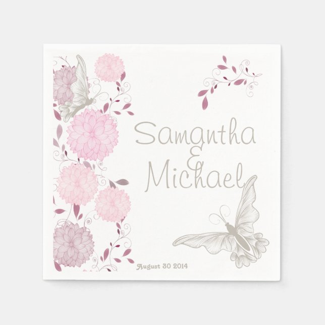 Serviette En Papier Papillons et chrysanthèmes roses (Devant)