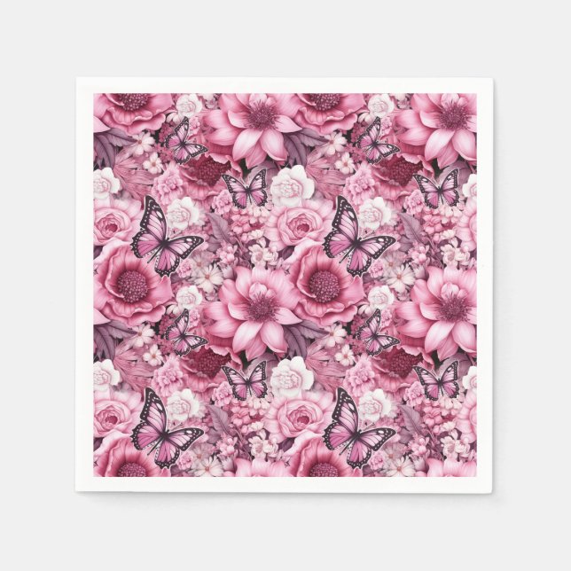 Serviette En Papier Papillons et Fleurs dans des tons roses variés (Devant)