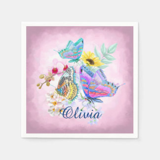 Serviette En Papier Papillons et fleurs élégants