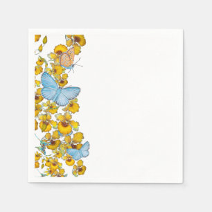 Serviette En Papier Papillons et Fleurs Pastel Bleu et Jaune 