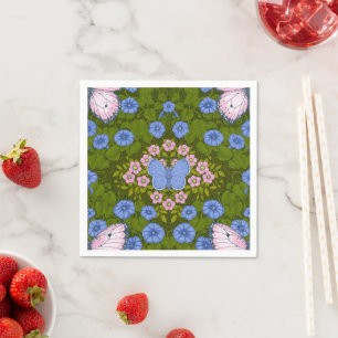 Serviette En Papier Papillons et symétrie des fleurs, bleu et rose