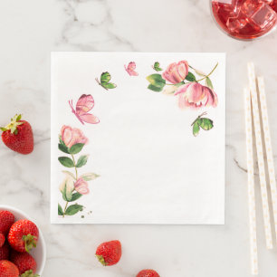 Serviette En Papier papillons feuille verts aux fleurs roses chaudes