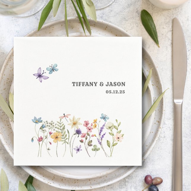 Serviette En Papier Papillons Fleur sauvage d'aquarelle Mariage floral (Créateur téléchargé)