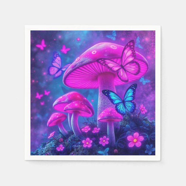 Serviette En Papier Papillons, Fleurs et Champignons- (Devant)