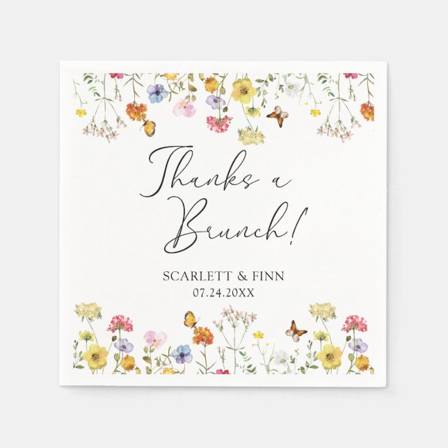 Serviette En Papier Papillons fleurs sauvages Merci un Mariage Brunch (Devant)