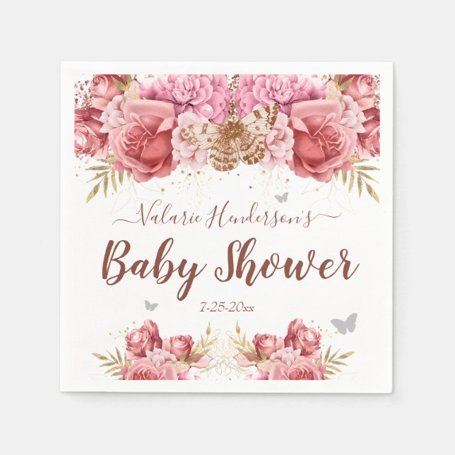 Serviette En Papier Papillons floraux Baby shower rose (Devant)