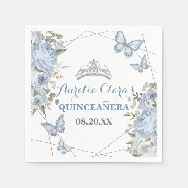 Serviette En Papier Papillons floraux bleus 16e Quinceañera (Devant)
