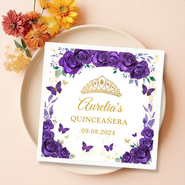 Serviette En Papier Papillons floraux pourpres Quinceanera Napkins (Créateur téléchargé)