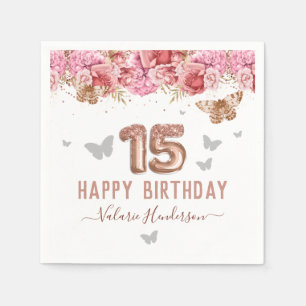 Serviette En Papier Papillons floraux rose heureux 15e anniversaire