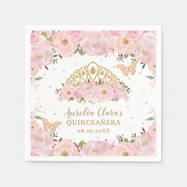 Serviette En Papier Papillons floraux rose vif Tiara QUINCEAÑERA (Devant)