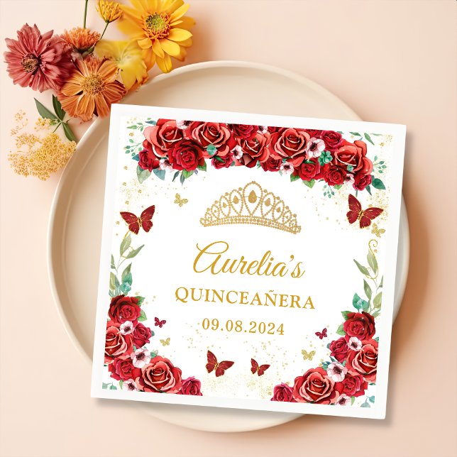 Serviette En Papier Papillons floraux Roses rouges Quinceanera Napkins (Créateur téléchargé)