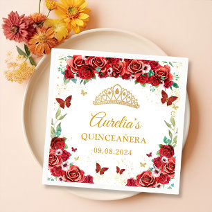 Serviette En Papier Papillons floraux Roses rouges Quinceanera Napkins