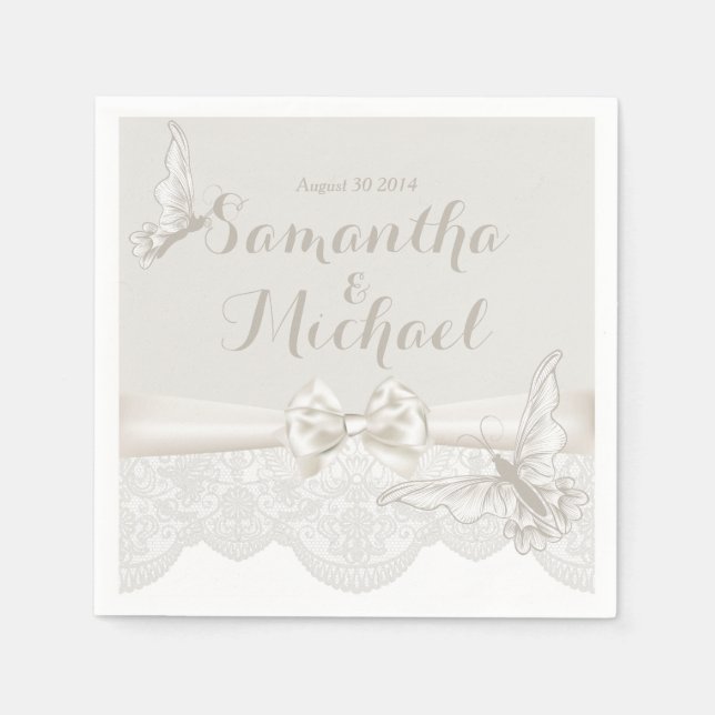 Serviette En Papier Papillons ivoires et dentelle (Devant)