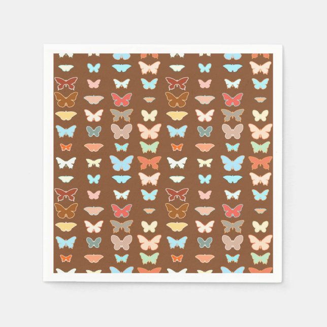 Serviette En Papier Papillons, marron, turquoise et corail (Devant)