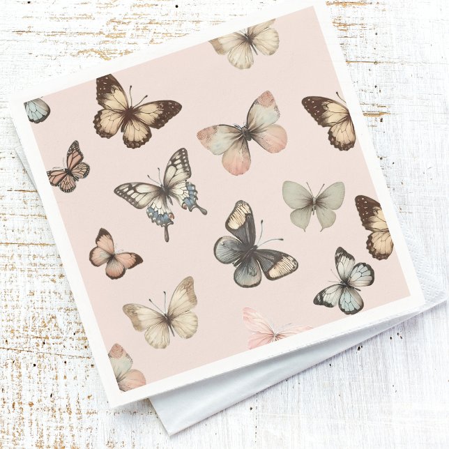 Serviette En Papier Papillons Neutres Mignons, Tons Muets Rose Pâle (Créateur téléchargé)