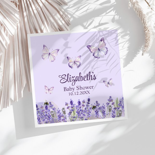 Serviette En Papier Papillons pourpres et Baby shower de prêteurs (Purple Butterflies and Lavenders Baby Shower Napkins on a white sunny table.)